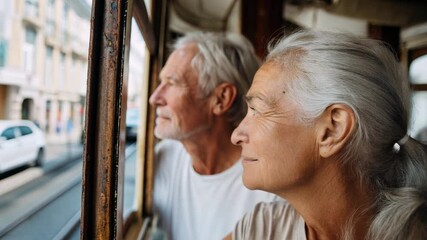 A senior couple enjoys a scenic ride in a charming old tram. The husband and wife embrace their active lifestyle during vacation. Discover the joy of their shared experiences and love.
