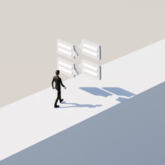Social media or messaging in business concept. A businessman in a suit walking on a block towards four stylized bubbles of messages / comments. Image expandable top and bottom