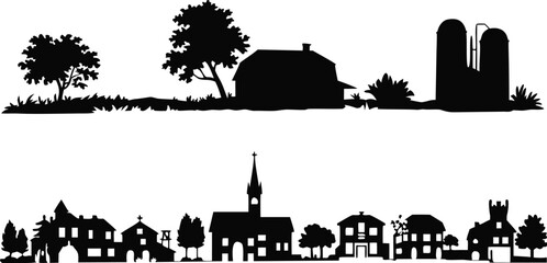 Obraz premium Black Silhouette Illustration Farm with Barns and Silos Above Town Skyline with Church Steeple