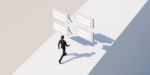 Social media or messaging in business concept. A businessman in a suit walking on a block towards four stylized bubbles of messages / comments. Image expandable left and right