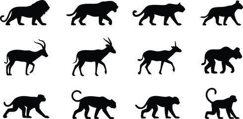 Fototapeta premium Black Silhouette Set Featuring Lions, Panthers, Antelopes, and Monkeys on a White Background