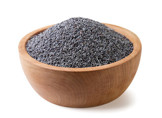 Poppy seeds in a wooden plate close-up on a white. Isolated