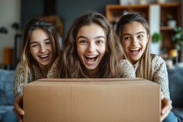 Close-up hands of excited young females opening a box at home, experiencing joy and surprise at the contents inside, Generative AI