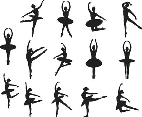 Ballet dancer silhouette set, elegant ballerina poses, black vector illustration, dance art, classical performance, isolated, white background, artistic movement, collection