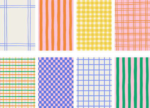 Retro, vintage hand drawn abstract patterned backgrounds. French, Italian style patterns with strips, checkered and plaid vector pattern