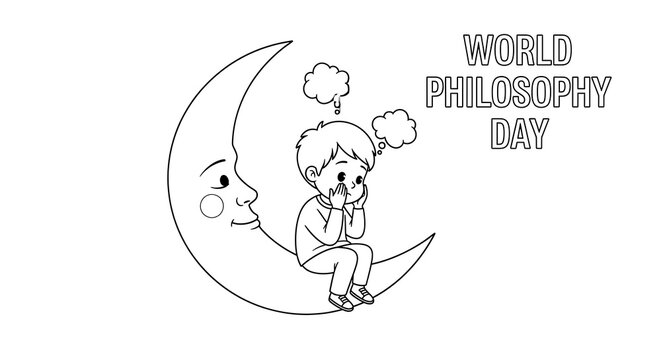 Young boy sitting on crescent moon thinking about world philosophy day isolated on transparent background - Powered by Adobe