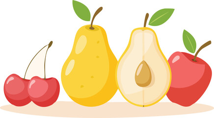Background with chubby fruit illustrations (pear, mango, cherry) placed in a soft grid layout on a cream pastel backdrop with dots and stars