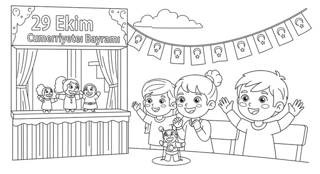 Children celebrating republic day with turkish flags and stage performance isolated on transparent background - Powered by Adobe