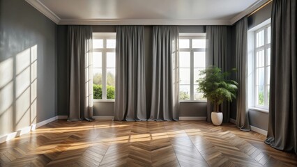 Obraz premium Sunlit Room with Gray Curtains and Hardwood Floor, Featuring a Potted Plant