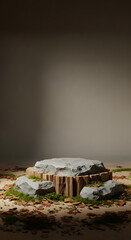 Minimalist Stone and Wood Pedestal with Moss