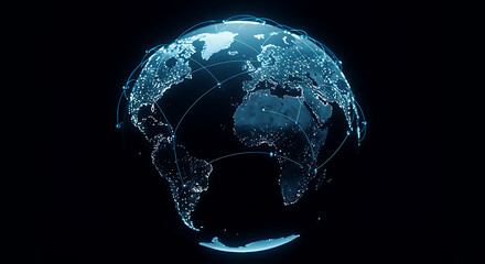 Digital rendition of Earth with illuminated city lights and connecting lines, representing global network, data, communication, technology, and interconnected world.
