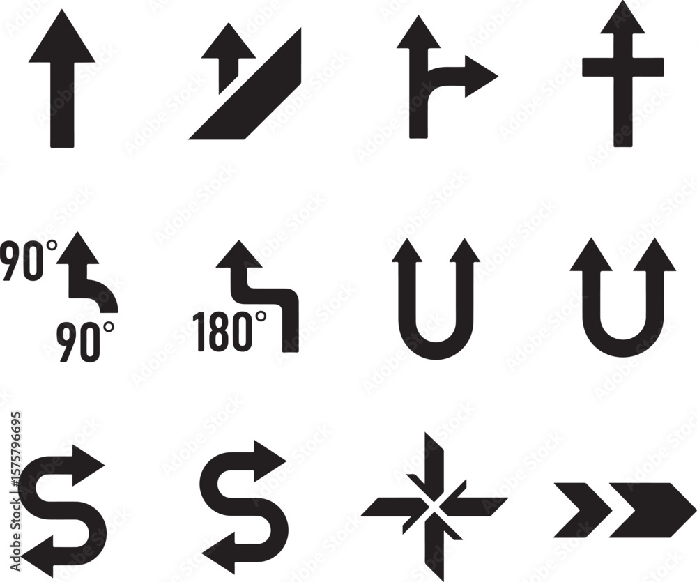 Poster collection of black directional arrows and symbols navigation movement