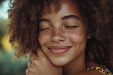 Self-esteem concept, happy young woman hugging herself,  self-love and acceptance, Generative AI