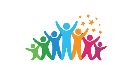 Colorful People Silhouettes Rejoicing Together with Arms Raised and Stars on a White Background