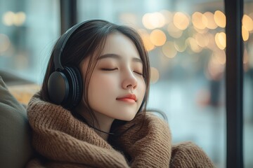 Relaxing at home during the holidays, young Asian female wearing headphones and listening to music in the living room, enjoying a moment of peace, Generative AI