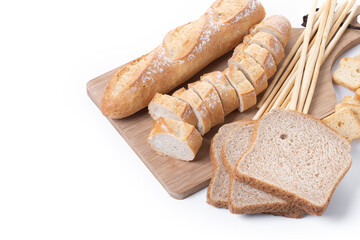 Assortment of Bread Products isolated on white background. Copy space