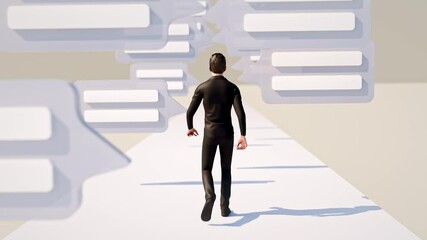 Social media or messaging in business concept. A businessman in a suit walking towards stylized bubbles of messages / comments appearing from above - Powered by Adobe