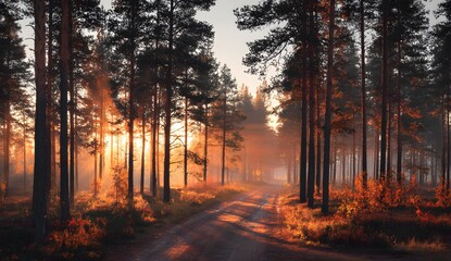 Obraz premium Serene Forest Pathway Bathed in Golden Sunlight