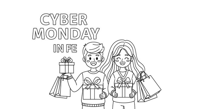 Happy couple enjoying cyber monday shopping with gifts and bags isolated on transparent background - Powered by Adobe