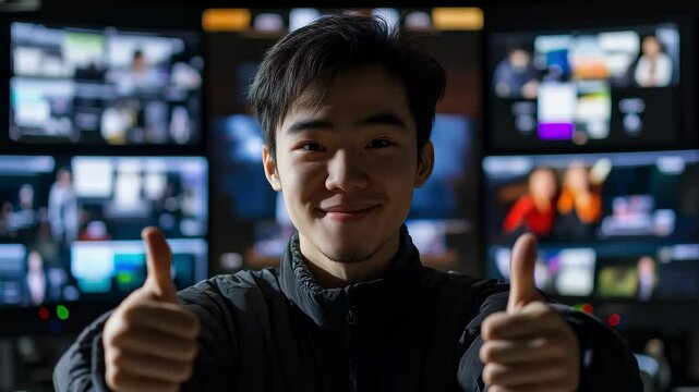 Confident Media Person Smiles and Thumbs Up in Approval