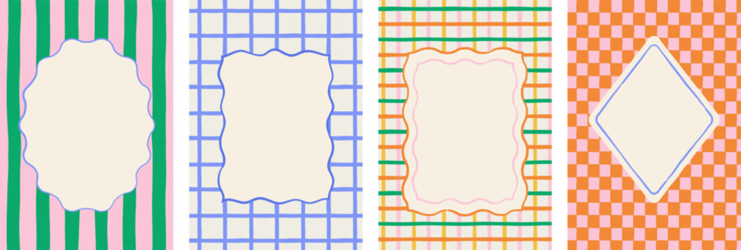 Retro, vintage hand drawn abstract patterned backgrounds and frames. French, Italian style patterns with strips, checkered and plaid vector pattern