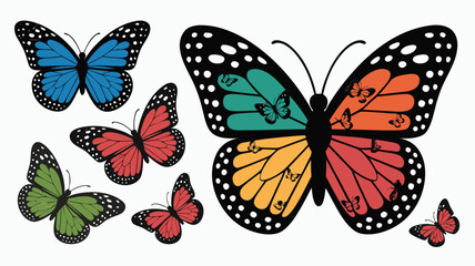 Diverse Array of Colorful Butterfly Illustrations Blue, Green, Red, and HalfColored Monarch, on White Background