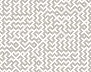 Modern seamless vector pattern with geometric maze-inspired lines, neutral beige over white. Ideal for contemporary textiles, wallpapers, packaging, backgrounds in digital banners or print projects.