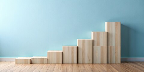 Ascending Wooden Blocks Against a Light Blue Wall in a Room with Light Wood Flooring