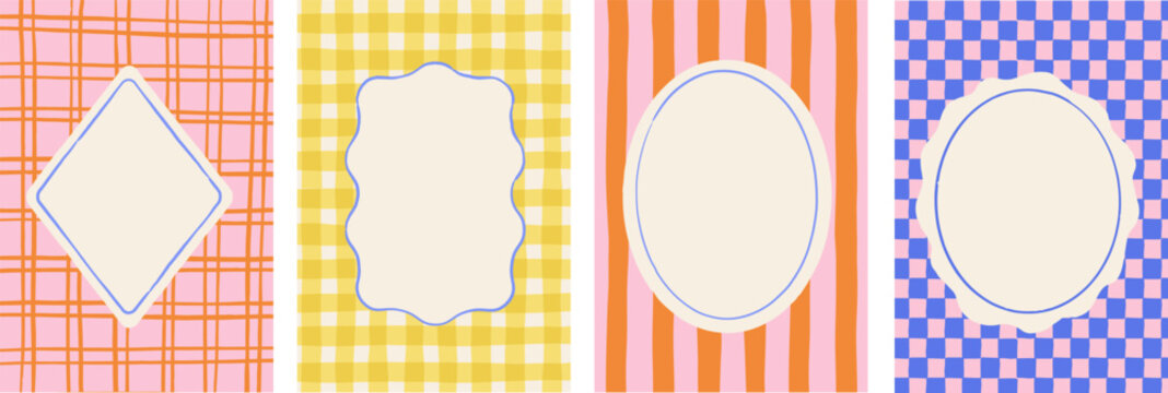 Retro, vintage hand drawn abstract patterned backgrounds and frames. French, Italian style patterns with strips, checkered and plaid vector pattern