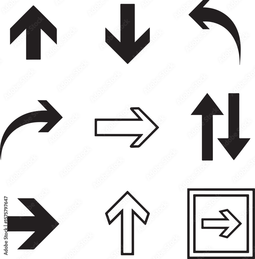 Poster collection of directional arrows in various styles and orientations down left