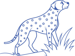 Elegant line art illustration of a spotted dog standing in grass, minimalist blue outline design perfect for pet-themed prints, logos, wallpapers, greeting cards, and decorative modern artwork.