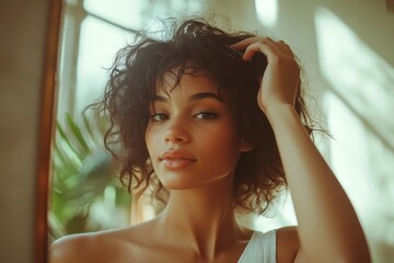 Woman looking in the mirror and combing her hair, taking time for personal grooming and self-care, Generative AI