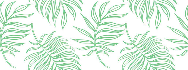 Seamless tropical green palm leaf pattern on white background, elegant botanical line art design perfect for wallpapers, fabrics, wrapping paper, prints, and modern home  projects.
