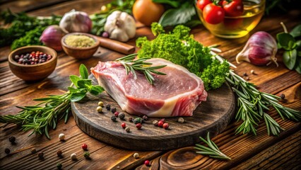 A succulent cut of raw meat, seasoned with aromatic herbs and spices, rests on a rustic wooden board, ready for culinary creation.