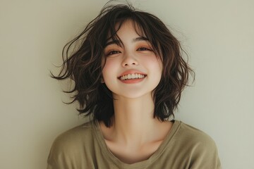 Cheerful young Asian woman standing and smiling, isolated against a neutral background, radiating positivity and happiness, Generative AI