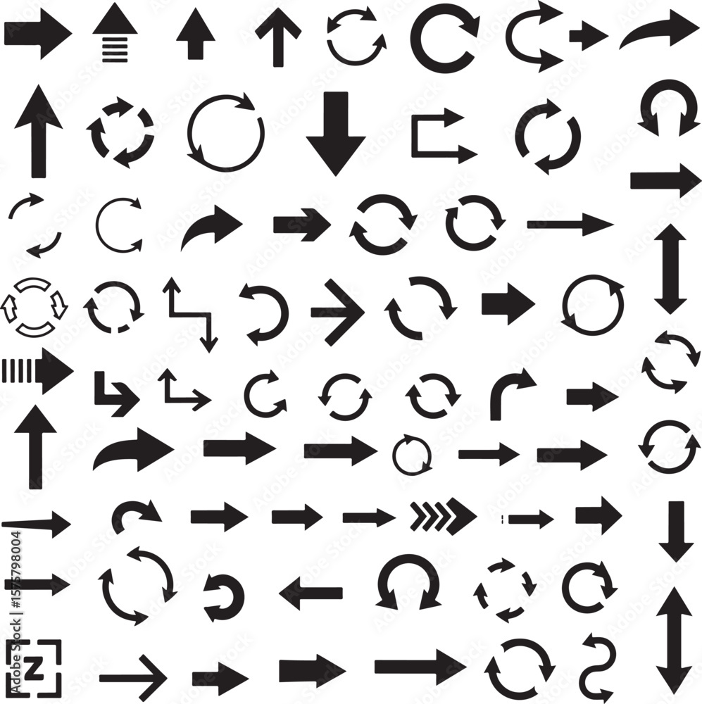 Poster collection of various black directional and circular arrows movement navigation