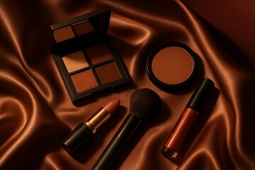 A luxurious arrangement of makeup products, including eyeshadow, lipstick, and bronzer, are displayed on a rich, brown satin fabric in a moody, elegant composition