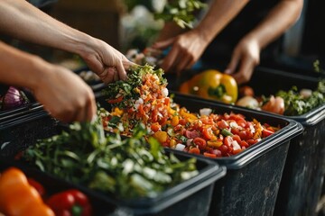 Food waste environmental concept, people throwing food waste into a bin, preparing it for decomposition and promoting eco-friendly recycling practices, Generative AI