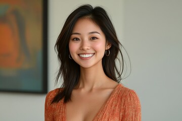 Cheerful young Asian woman standing and smiling, isolated against a neutral background, radiating positivity and happiness, Generative AI
