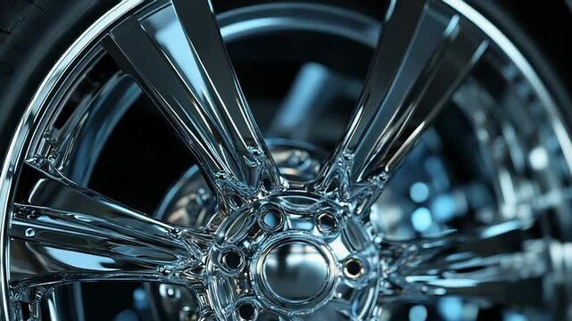Close up of modern chrome alloy wheel rim showing intricate design and manufacturing