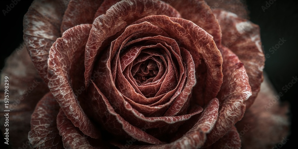 Poster a close up shot of a rose with intricate petal patterns and a dark background creating depth and foc