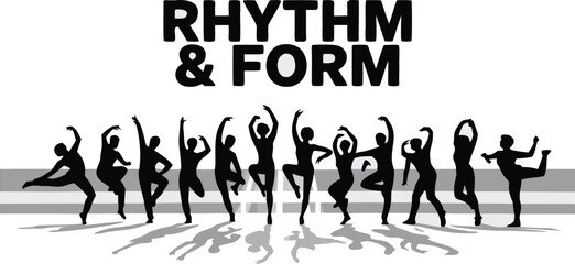 Obraz premium Rhythm Form Text Above Silhouetted Dancers Performing Choreographed Movements with Shadows Displayed Below