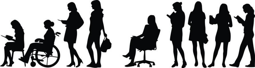 Silhouette Collection of Women Standing and Seated, Reading, and Using Mobile Devices