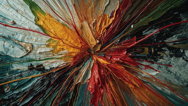 Abstract art featuring a burst of colorful paint splatters with a textured background effect