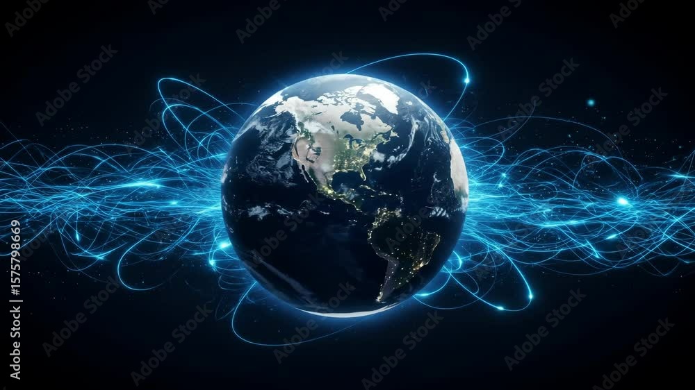 Poster global network connection - a realistic earth surrounded by swirling blue energy lines, representing