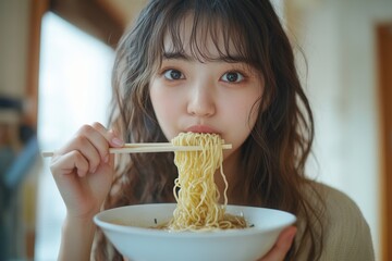 Young woman eating instant noodles at home, enjoying a quick, convenient meal as part of her daily routine, Generative AI