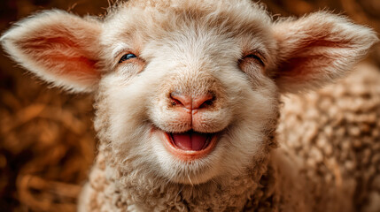 Joyful young lamb experiences pure delight in a sunny pasture, showcasing its playful nature and captivating charm while joyfully laughing with closed eyes and a beaming smile