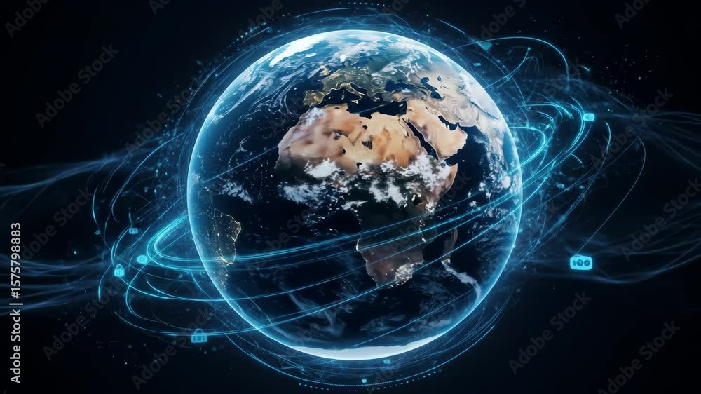 Poster global network connection - a digital video of earth with glowing blue lines representing data strea