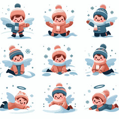 image of children playing snowball with a simple and minimalist flat design using a white background