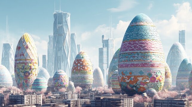 Abstract cityscape with egg shaped structures